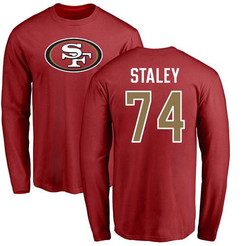 Men San Francisco 49ers Red Joe Staley Name and Number Logo #74 Long Sleeve NFL T Shirt->san francisco 49ers->NFL Jersey
